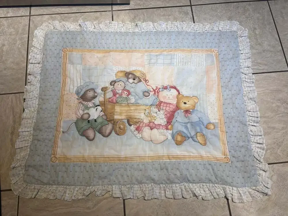 Vintage Hand-Pieced Animal Applique Baby Quilt with Ruffle Trim